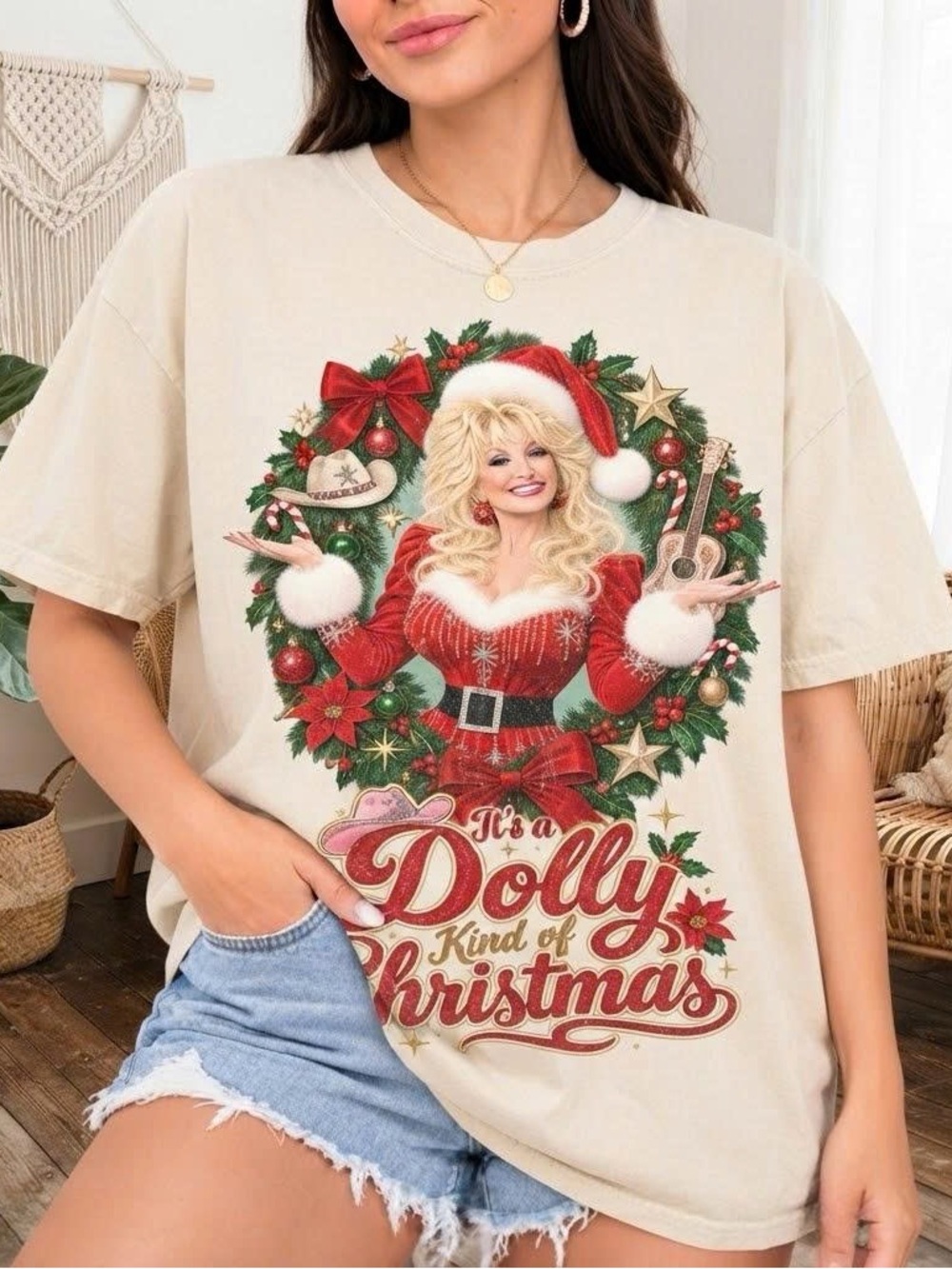 Vintage Sand Holiday 'Dolly Christmas' Graphic Tee with Red & Green Accents
